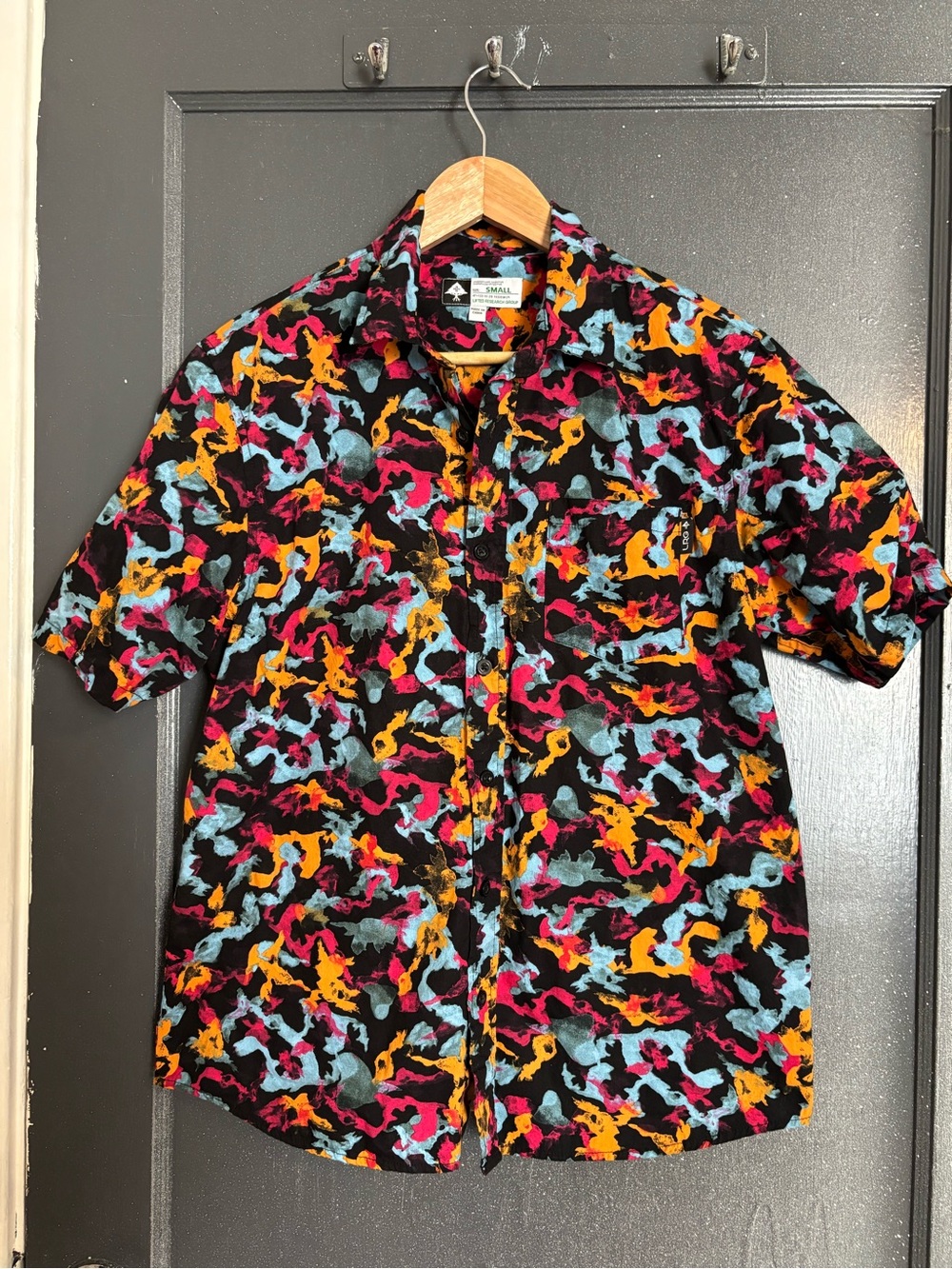Lrg Black Short Sleeve Button-Up Shirt with Pink, Orange & Blue Abstract Print